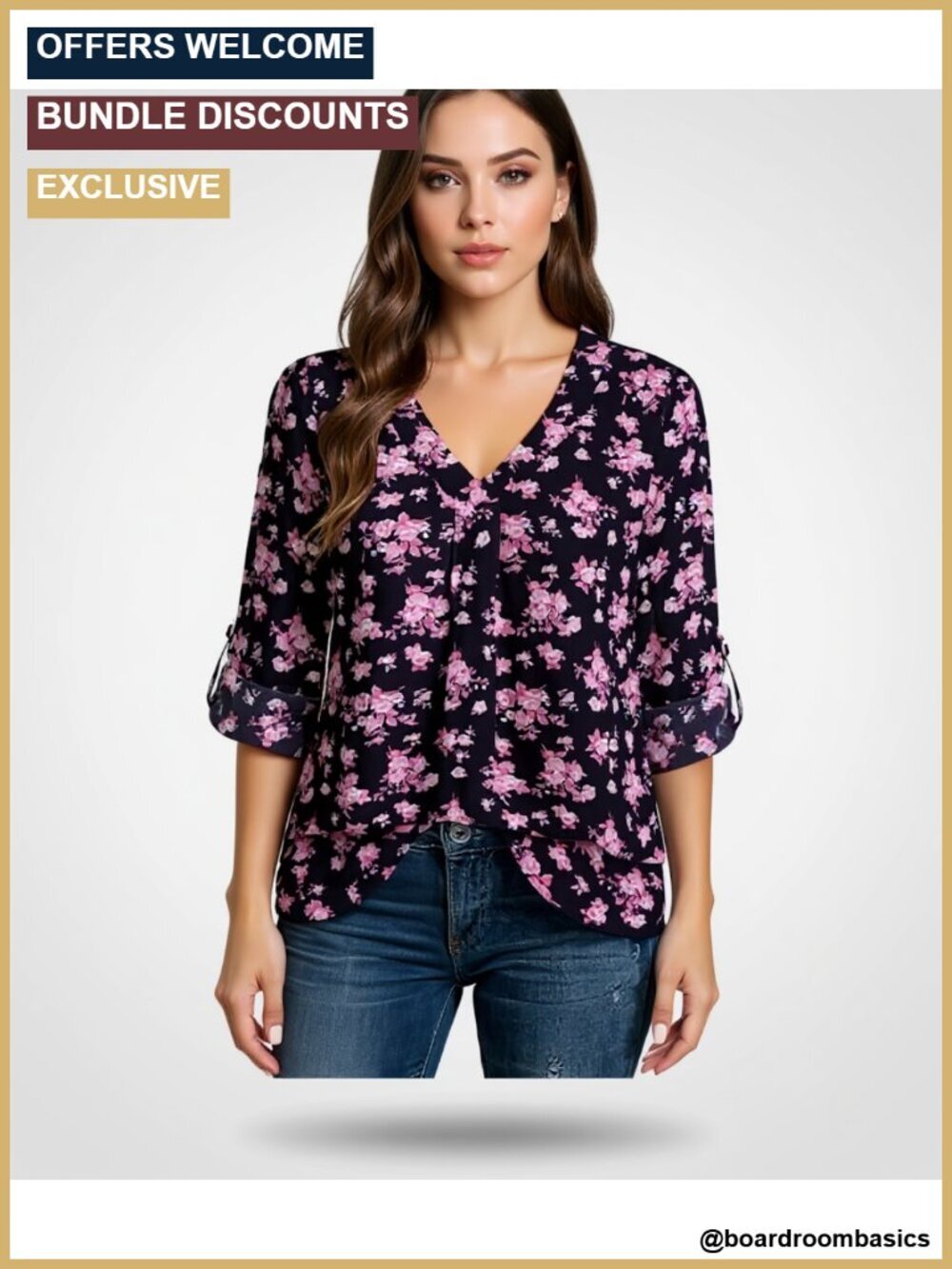 Chiffon V-Neck 3/4 Sleeve Blouse Tunics for Work Office